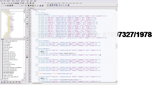 A screenshot of Homesite showing a complicated table-based layout using lots of spacer GIFs (courtesy of Jeff L.).
