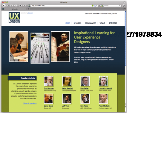 The UX London website as seen by Firefox. Notice the solid box shadows created using CSS 3.