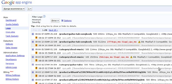 The Logs page containing server error info for our app.