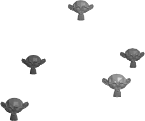 Five monkey meshes created with the ActionScript class MonkeyMesh and positioned randomly in the scene