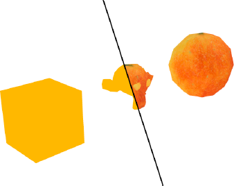 The two states of the SimpleMaterials example side by side: ColorMaterial with orange faces on the left and BitmapMaterial with textured faces on the right