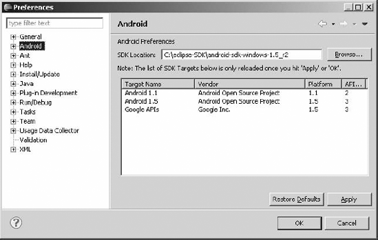 Android SDK configuration dialog in Eclipse Galileo