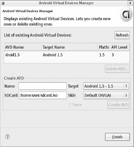 Android Virtual Device Manager dialog box settings for SDK 1.5