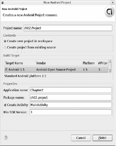 New Android Project dialog box for this chapter's example