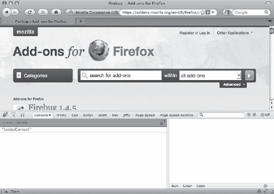 The Firebug add-on opens to the console panel