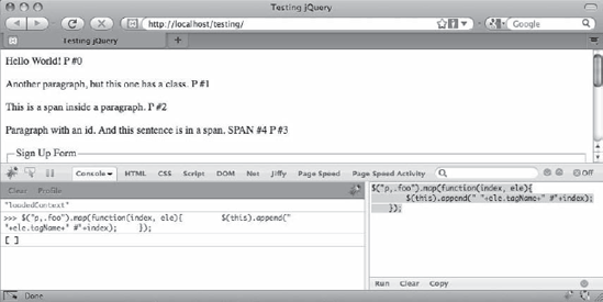 The test page after mapping a callback function to display names and indexes for each element