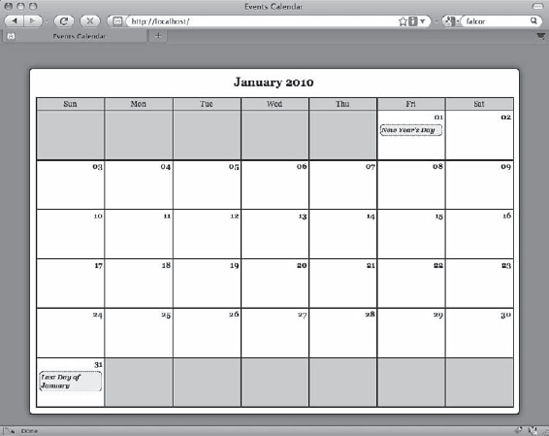 The calendar with the header, footer, and CSS styles applied