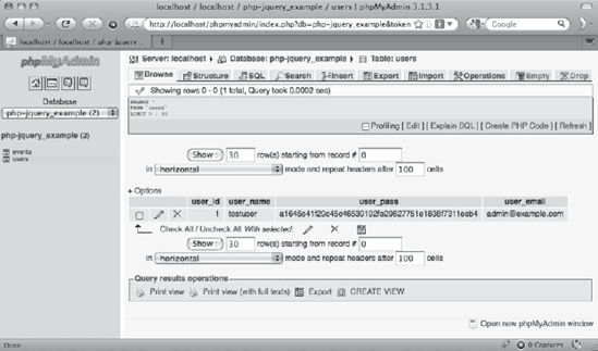 The test user data after inserting it into the database