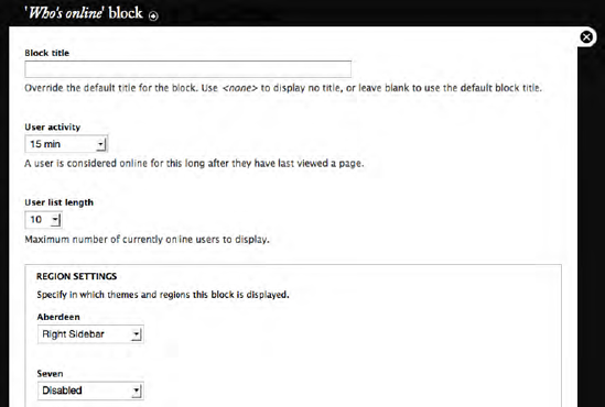 The configuration page for the "Who's online" block
