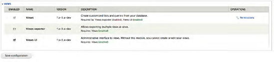 The module configuration page after enabling Views