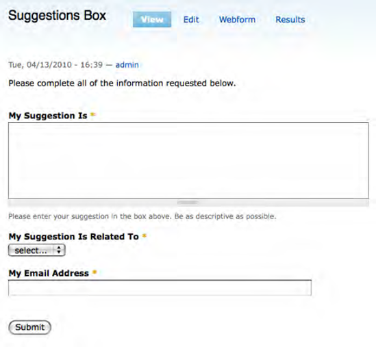 The Suggestions Box form