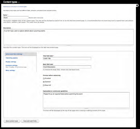 Content type creation form