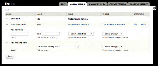 The Manage Fields form