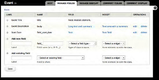 A list of fields for the Event content type including the Start Date