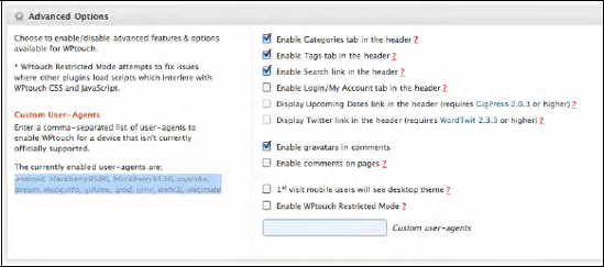 User agent strings in the WPTouch Advanced Options