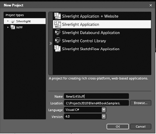 Create a new Silverlight project called NewSL4Stuff.