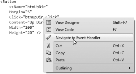 Choosing the Navigate to Event Handler option in Visual Studio