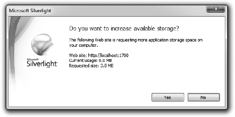 Dialog box to request to increase available storage