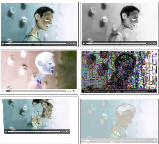 Application of the filters in Listing 5-13 to a video in Firefox with the image at top left being the reference image and the filters f1 to f5 applied from top right to bottom right.