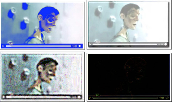 Application of the filters in Listing 5-14 to a video in Firefox with the image at top left being the reference image and the filters f1 to f5 applied from top right to bottom right.