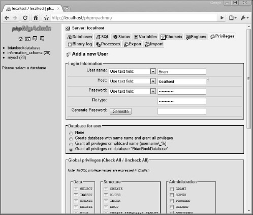 Adding a new user to a MySQL database.