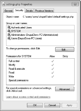 Setting permissions on the settings.php file