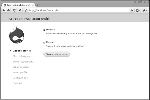 Two installation profiles are available with the default Drupal distribution.