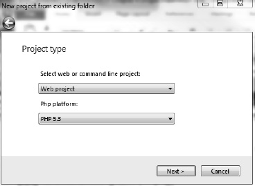 VS.Php's Project type screen