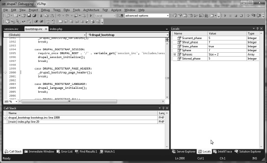 The Visual Studio screen, powered by the VS.Php add-in for PHP debugging