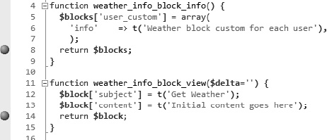 Breakpoints set in PHP code