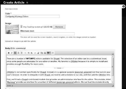 The Wysiwyg editor embedded in the content creation page