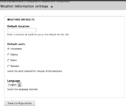 Administration screen for setting weather information defaults