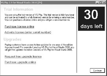 The VS.Php trial version nag screen