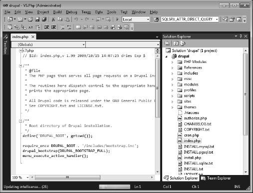 The Visual Studio project screen with the Drupal PHP project loaded