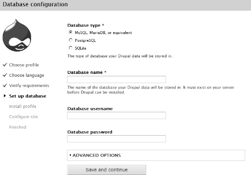 Database configuration screen