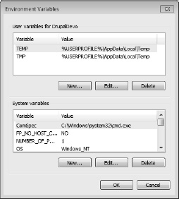 Environment variables dialog