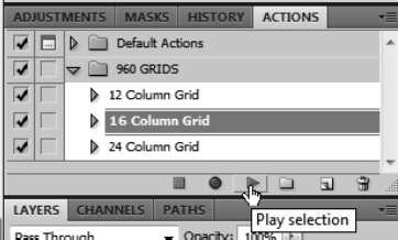 The Photoshop Actions window showing the guide-producing action scripts