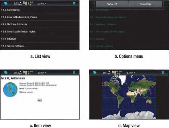 The three screens of the final Shake application as written using Qt: in (a) the list view, (b) the options menu, (c) an item view obtained by touching a list item, and (d) the map view