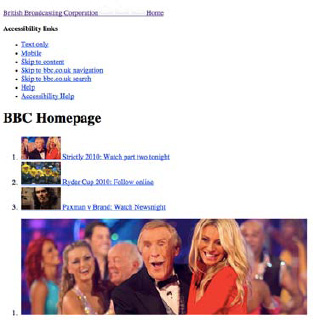 The homepage of bbc.co.uk with only the user agent style sheet applied (that of Firefox, in this instance).