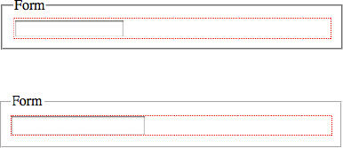 Comparison between rendering of an input element in Safari 5 (above) and Firefox 3.6 (below). Safari adds an extra margin around the element.