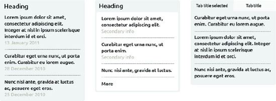 Three different list boxes in a design library: there is consistency across the designs, but they serve different purposes.