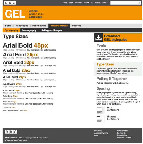 The BBC's Global Experience Language guidelines state the allowed type sizes in pixels, even though the BBC's websites use ems for font sizes.