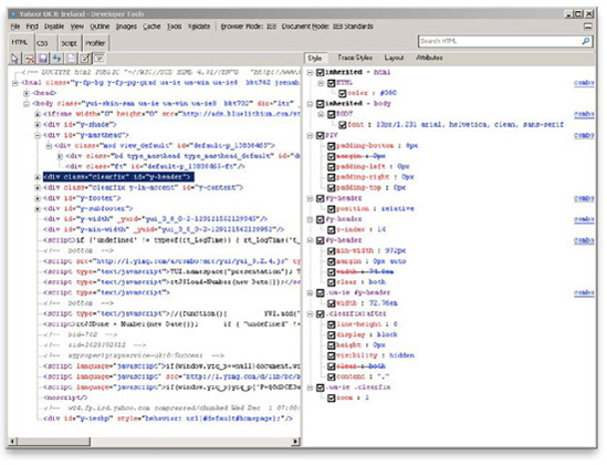 HTML view of Internet Explorer 8 Developer Tools