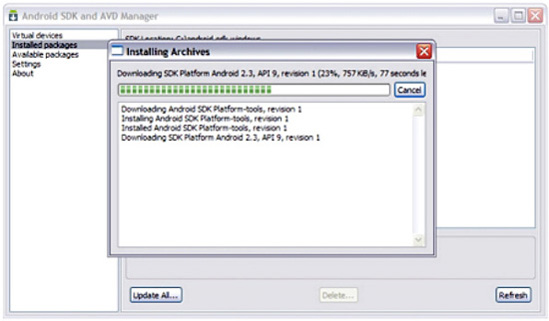 The Installing Archives dialog box reveals the progress of downloading and installing each selected package archive.