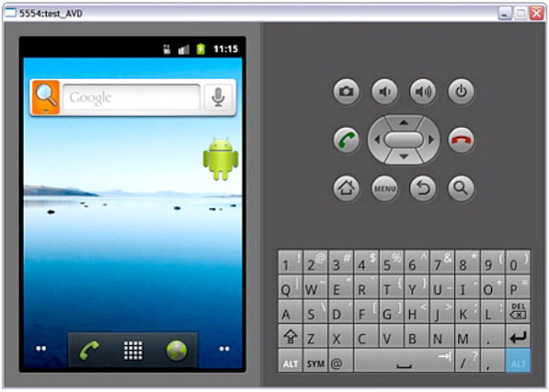The emulator window presents the home screen on the left, and phone controls and a keyboard on the right.