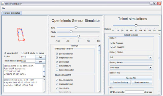 Use the Sensor Simulator application's user interface to send sensor data to Sensor Simulator Settings and your own apps.