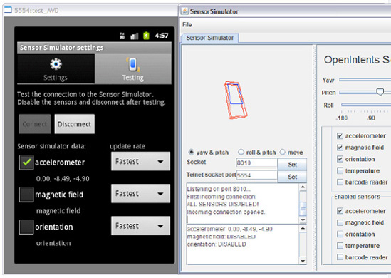 The Sensor Simulator Settings app is now receiving accelerometer data from the Sensor Simulator application.
