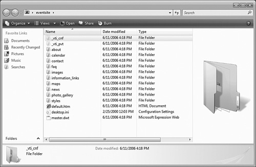 The _vti folders shown here contain special configuration information that Expression Web uses to keep track of your Web site.