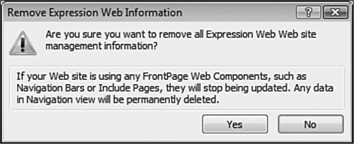 When you choose to remove metadata files, Expression Web will warn you that you’ll lose some functionality.