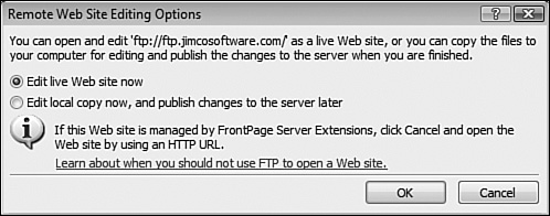 Expression Web offers the option of opening an FTP site live on the Web server.